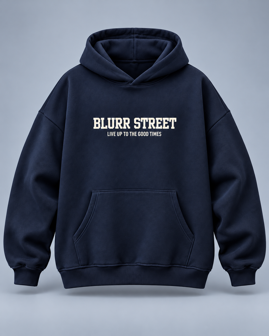 Street Soul navy hoodie — front on blue-grey studio background