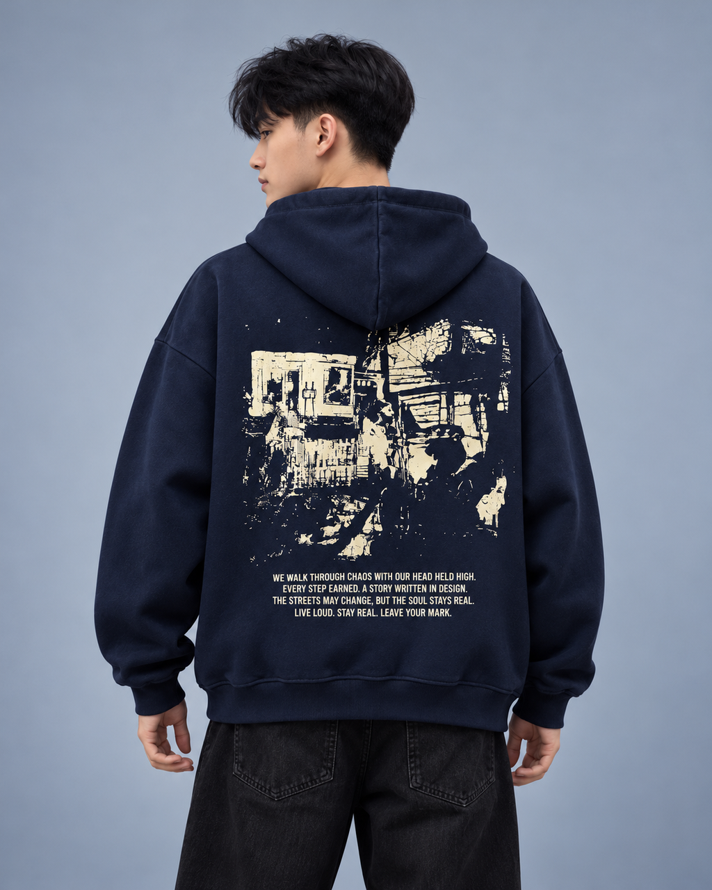 Street Soul navy hoodie — model back on blue-grey studio background