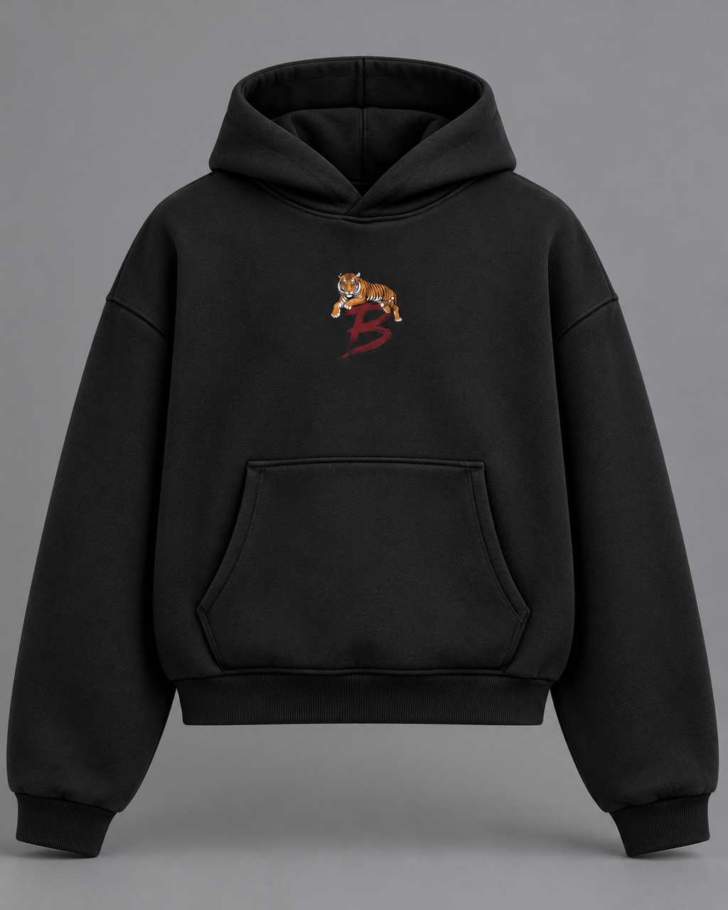 Tiger Crest oversized hoodie — black full studio photograph