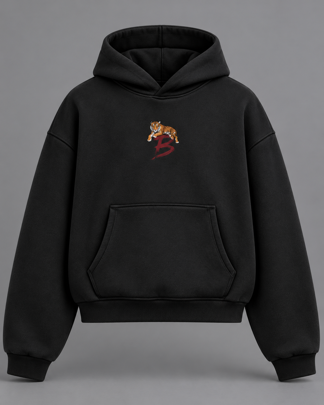 Tiger Crest oversized hoodie — black full studio photograph