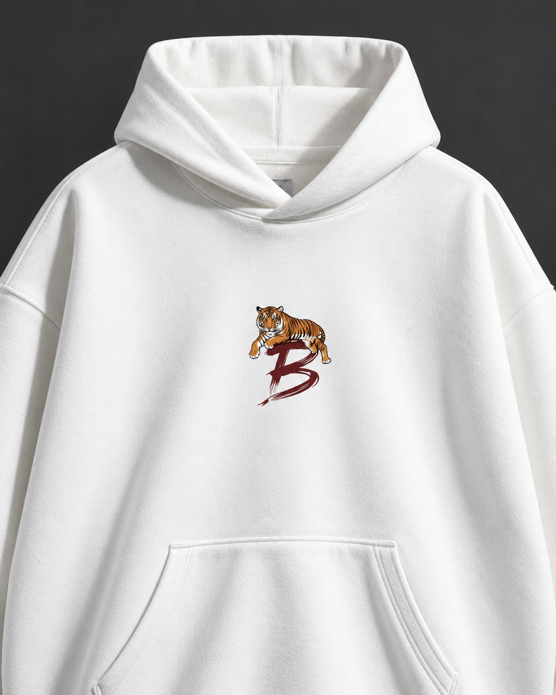 Tiger Crest oversized hoodie — white detail studio photograph