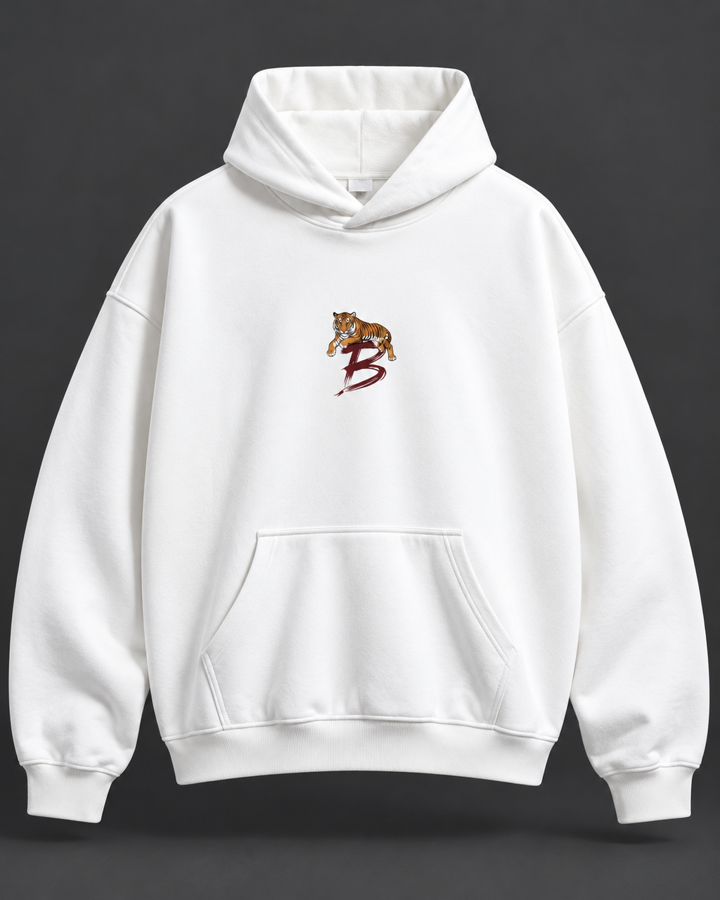 Tiger Crest oversized hoodie — white full studio photograph