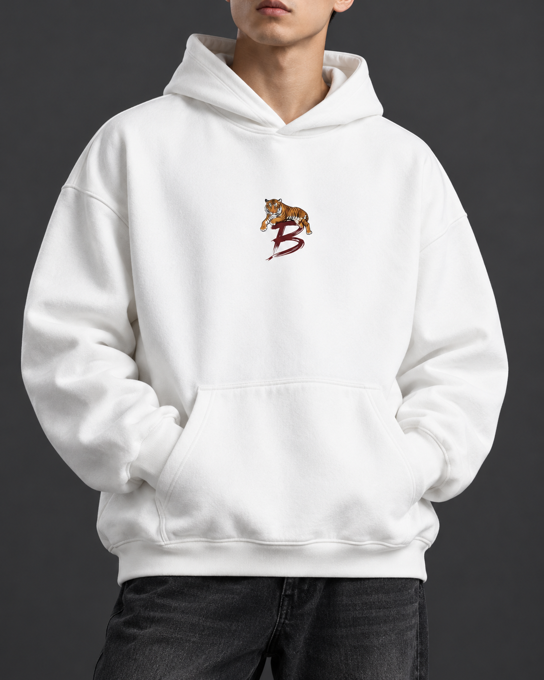 Tiger Crest oversized hoodie — white model studio photograph