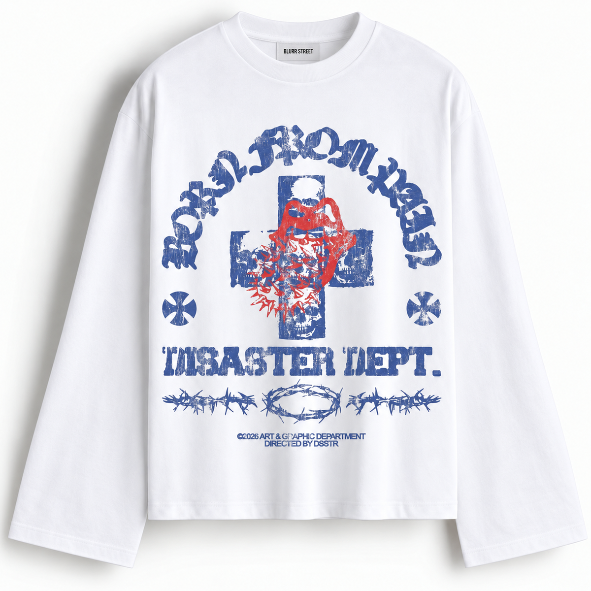 White Blue & Red Graphic Full Sleeve Boxy Fit T-Shirt