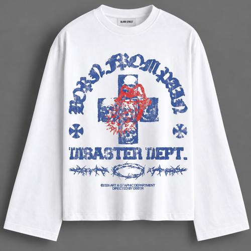White Blue & Red Graphic Full Sleeve Boxy Fit T-Shirt — tonal studio backdrop