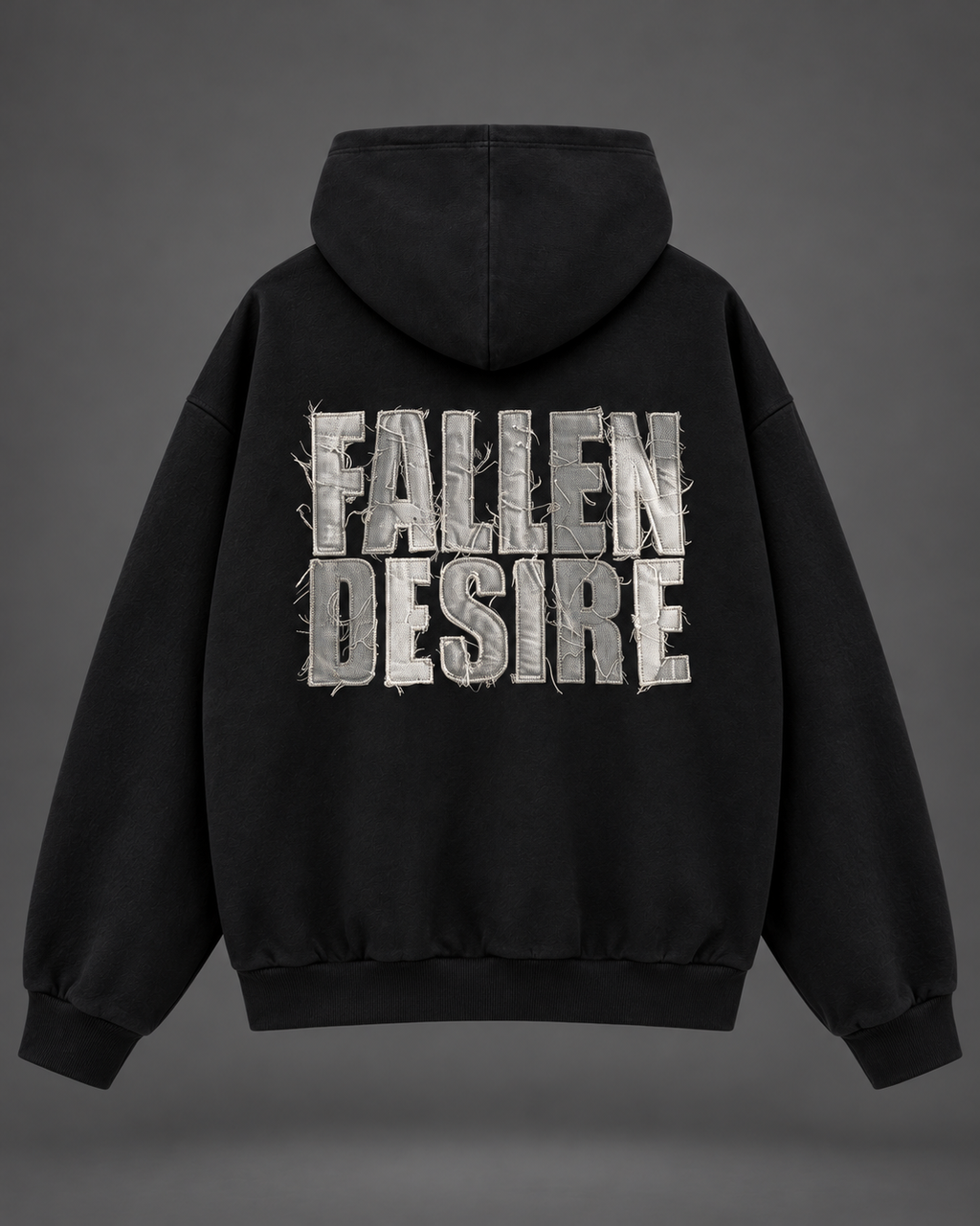 Fallen Desire black hoodie — full back on charcoal studio background