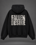 Fallen Desire black hoodie — full back on charcoal studio background
