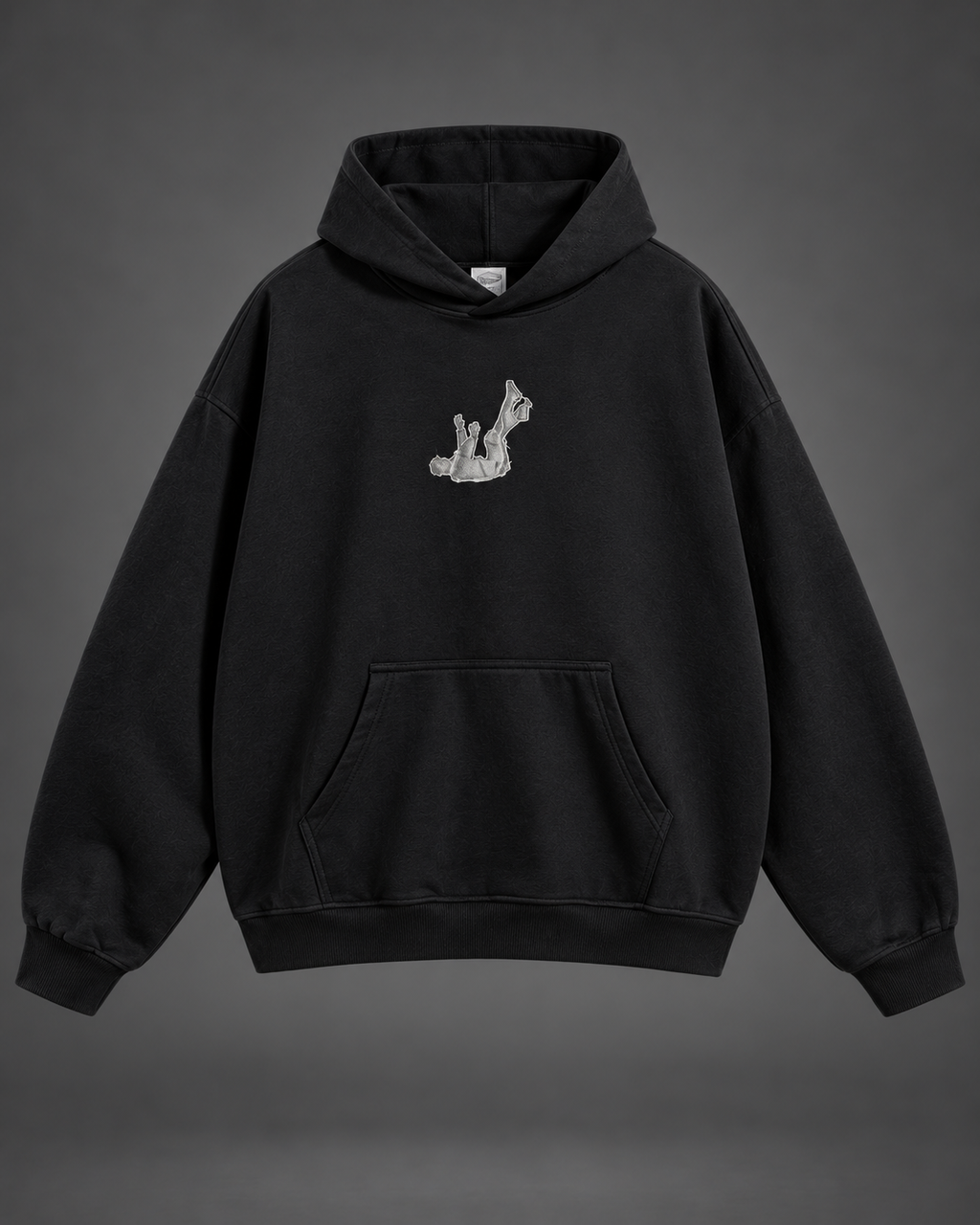 Fallen Desire black hoodie — full front on charcoal studio background