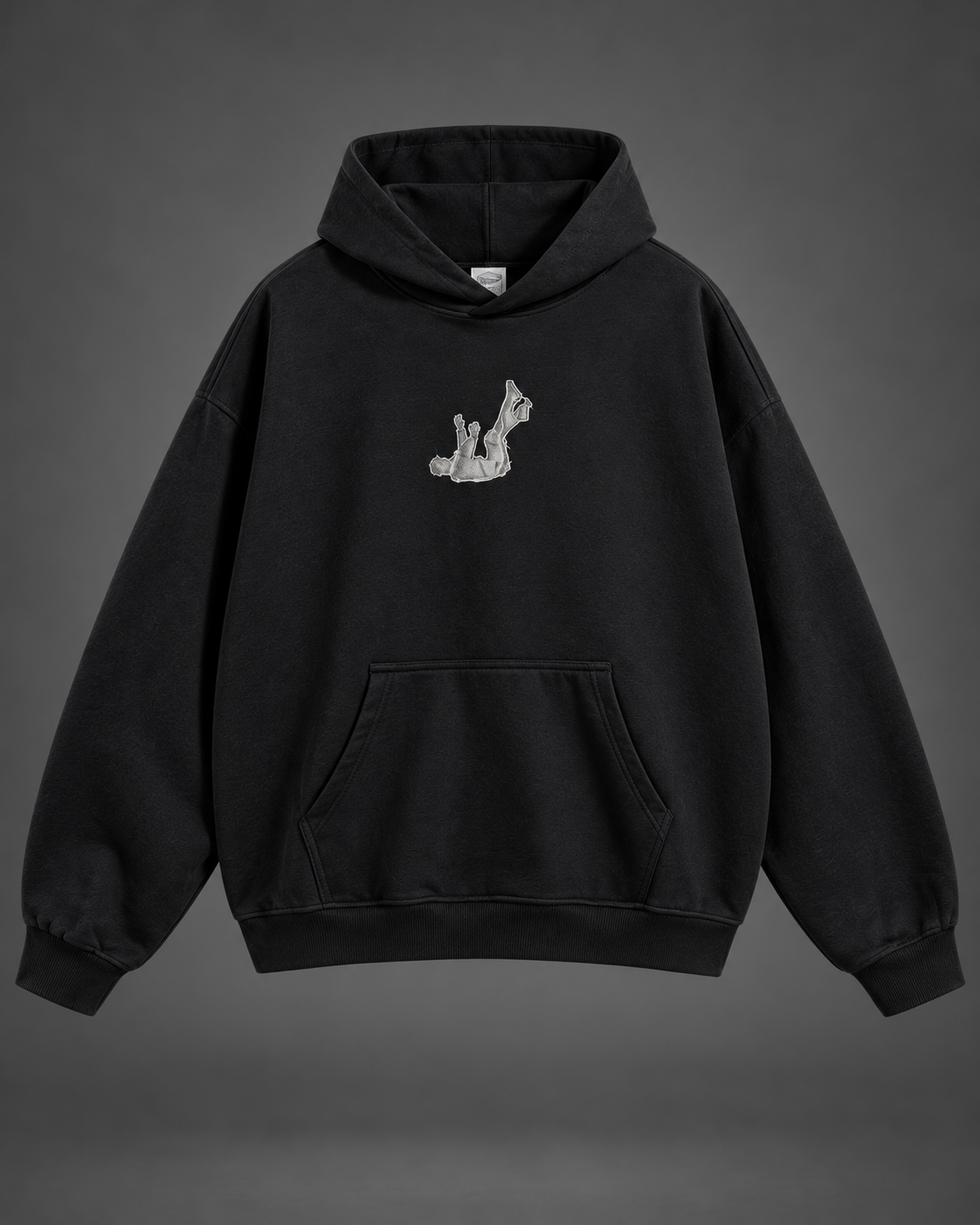 Fallen Desire black hoodie — full front on charcoal studio background